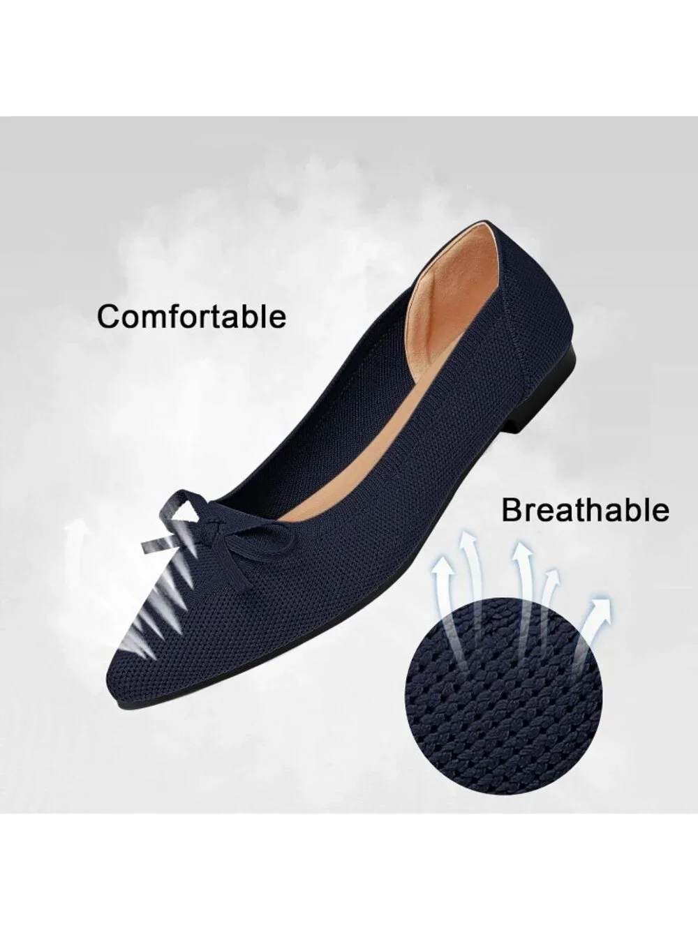 Women's Blue Flats Pointed Toe Bow Knit Ballet Shoes Comfortable Dressy Mesh